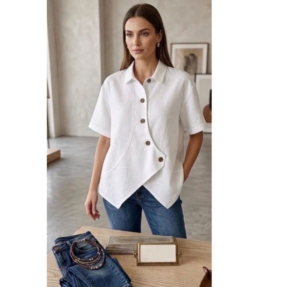 Avant Garde Asymmetric Button Up White Cotton Blouse Top L